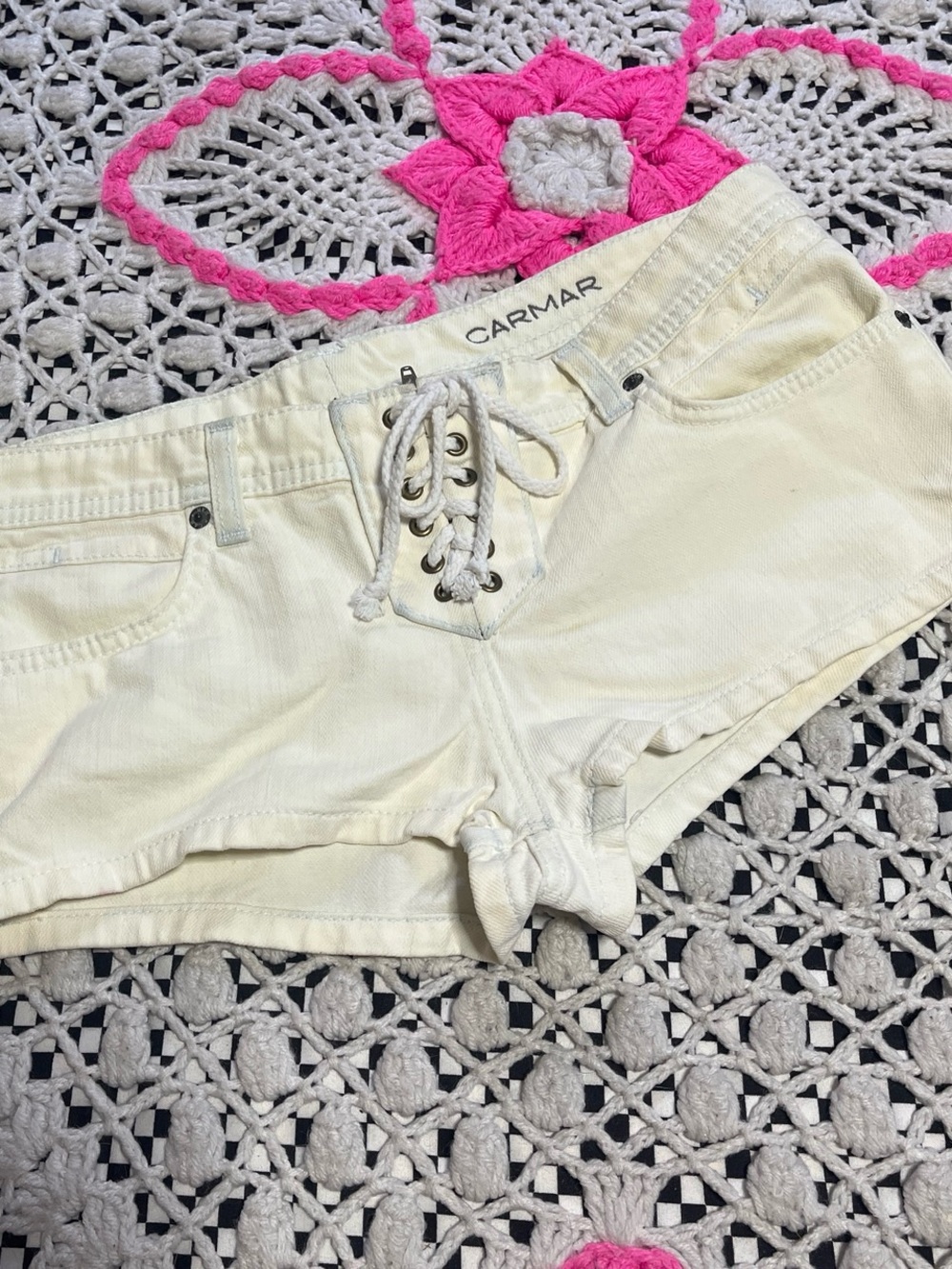 Carmar Lace-Up Ivory Denim Jean Shorts